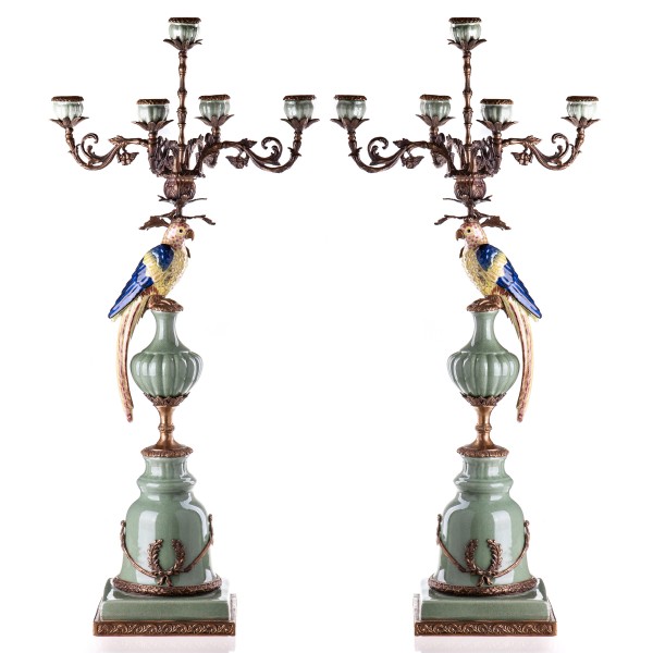 Porzellan mit Bronze Kerzenständer Papageien Set/2 HM5760