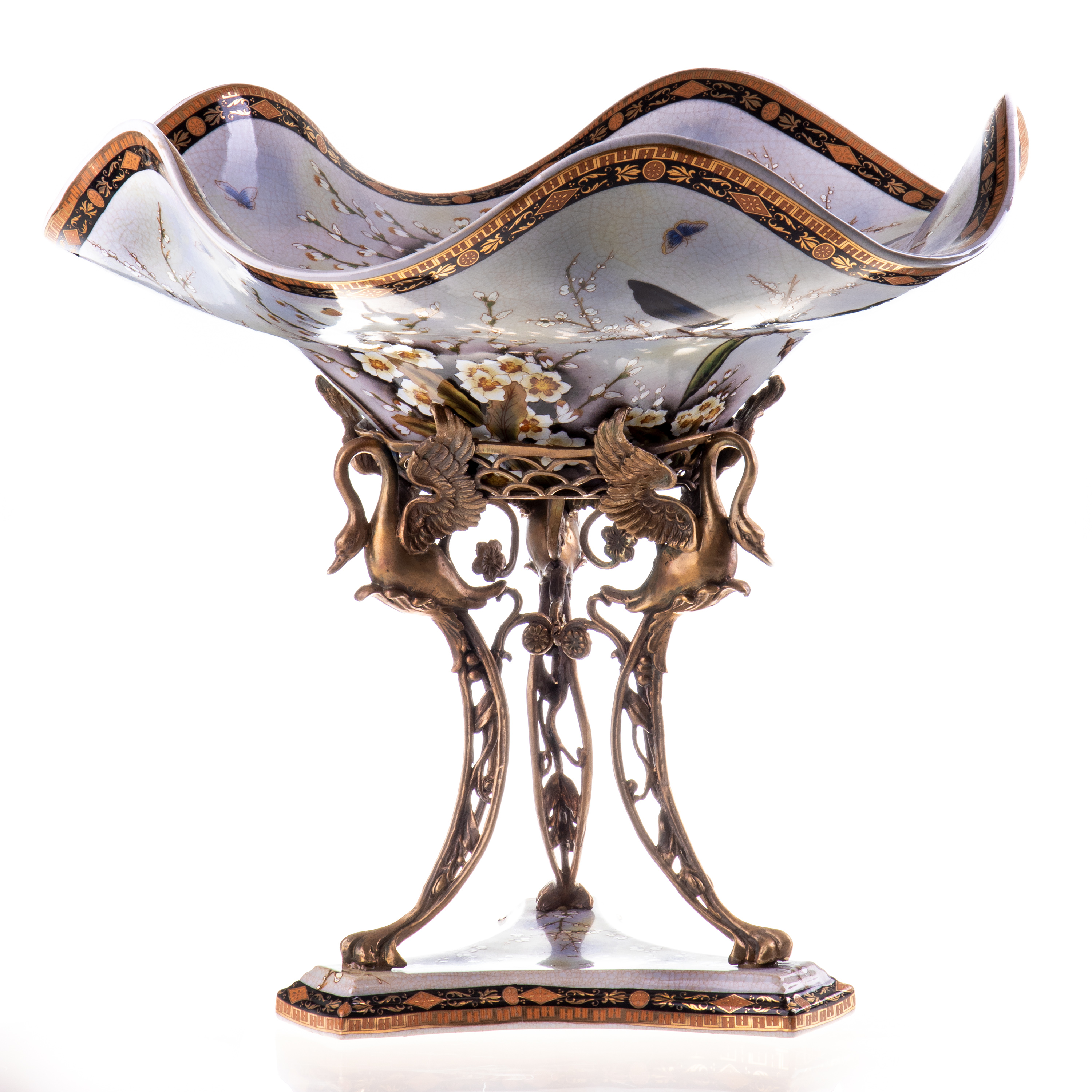 HM5987 Prunkvolle Handgefertigte Porzellan mit Bronze Schale mit Schwäne 