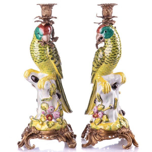 Porzellan mit Bronze Kerzenständer Papageien Set/2 HM5882