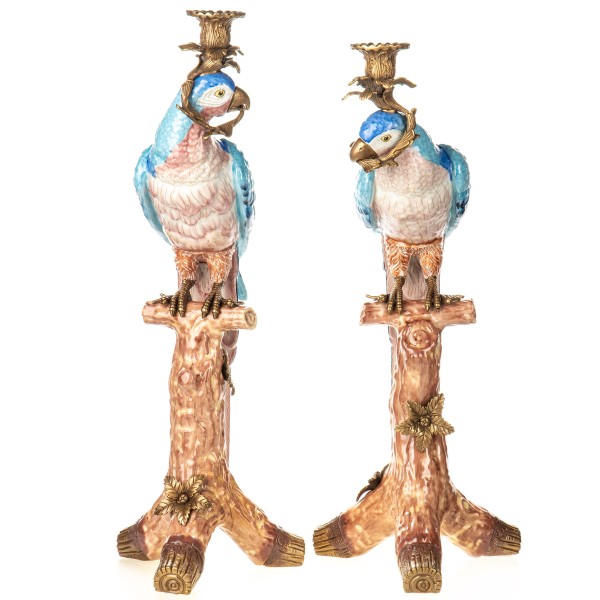 Porzellan mit Bronze Papageien Kerzenständer Set / 2 HM6426