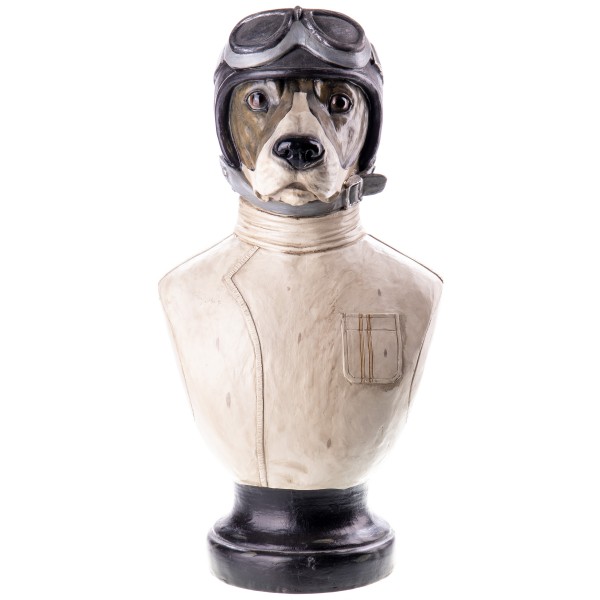 Büste Hund mit Pilotenhelm handbemalte Polyresinfigur