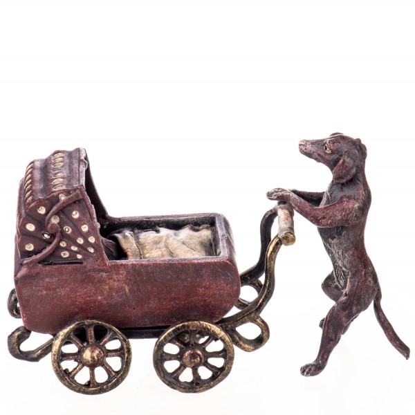 Farbige Bronzefigur Wiener Art Hund mit Kinderwagen BT894