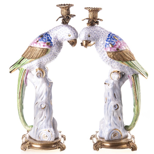 Porzellan mit Bronze Kerzenständer Papageien Set/2 HM5353