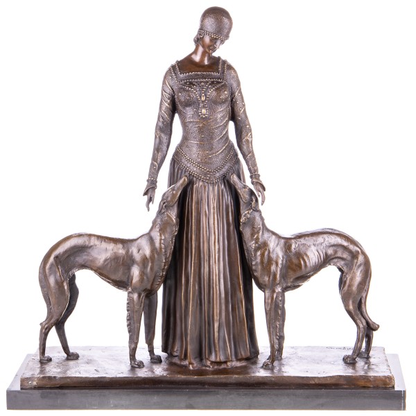 Art Deco Bronzefigur Frau mit zwei Hunden nach D.H.Chiparus YB615