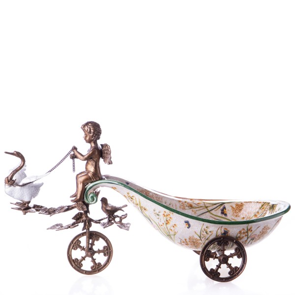 Porzellan mit Bronze Schale Kutsche mit Engel und Schwan HM5832