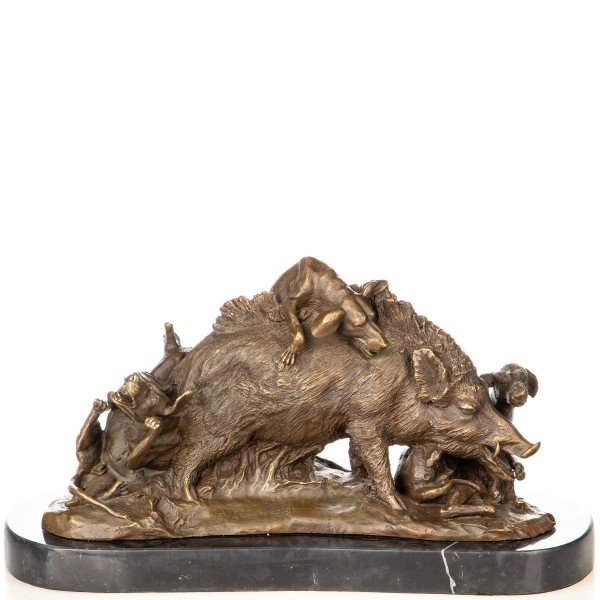 Bronzefigur Wildschwein mit Jagdhunden YB883