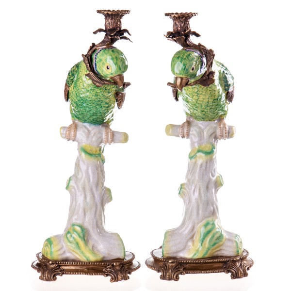 Porzellan mit Bronze Kerzenständer Papageien Set/2 HM5354