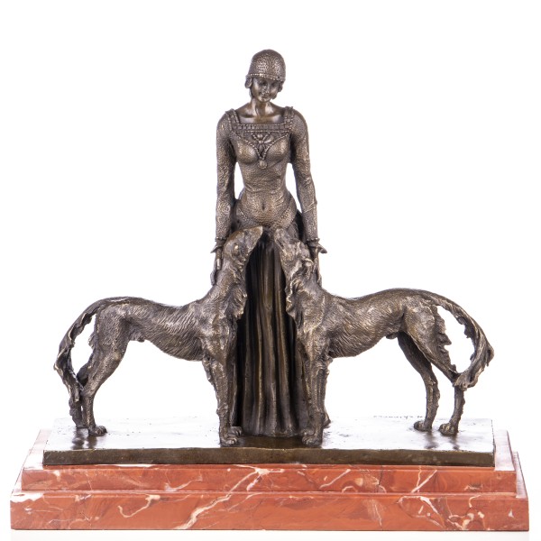Art Deco Bronzefigur Frau mit zwei Hunden nach D.H.Chiparus YB726