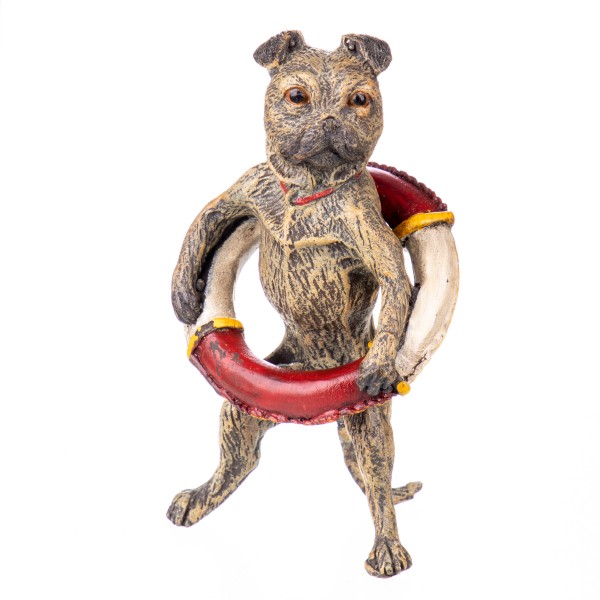 Farbige Bronzefigur Wiener Art Hund mit Rettungsring BT850