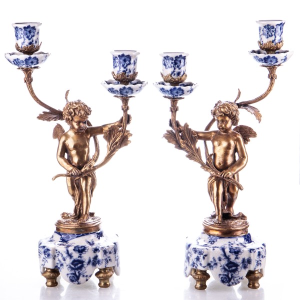 Porzellan mit Bronze Kerzenständer mit Engel Set/2 HM5055