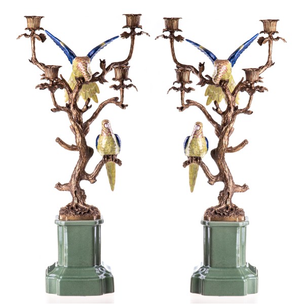 Porzellan mit Bronze Kerzenleuchter Papageien Set/2 HM6041