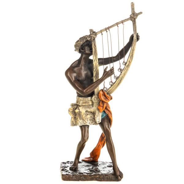 Farbige Bronzefigur Wiener Art Arabischer Musiker mit Harfe BT974