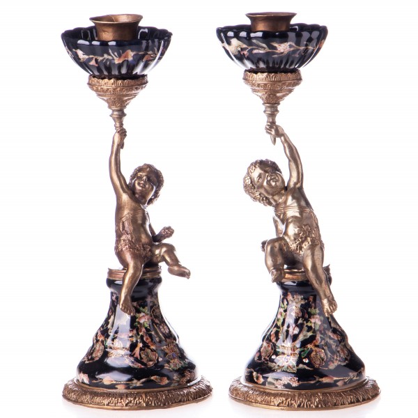 Porzellan mit Bronze Kerzenständer mit Engeln Set/2 HM5480