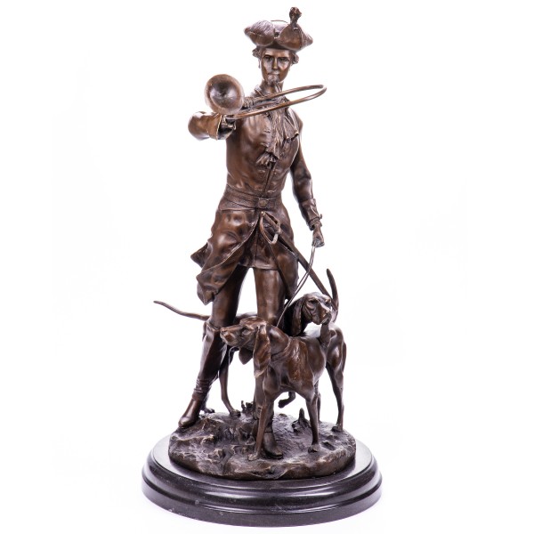 Bronzefigur Jäger mit Jagdhorn und Jagdhunden nach A.Moreau YB164
