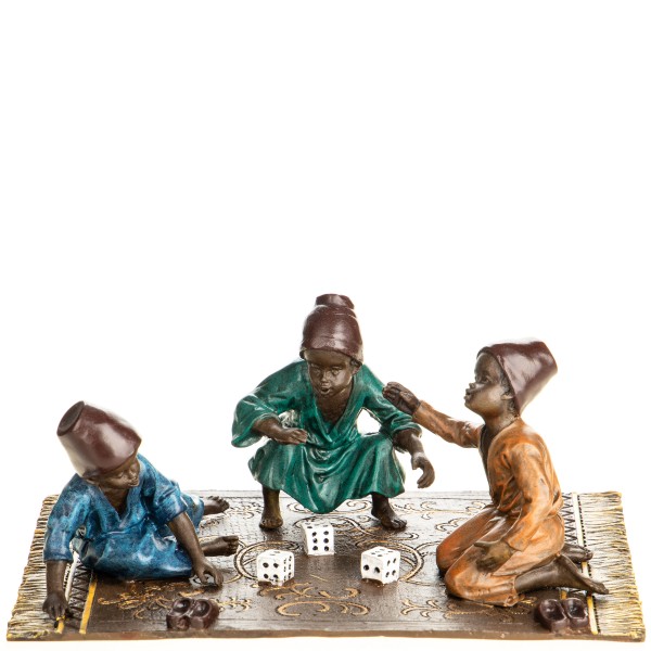 Farbige Bronzefigur Wiener Art Würfelnde Kinder BT961