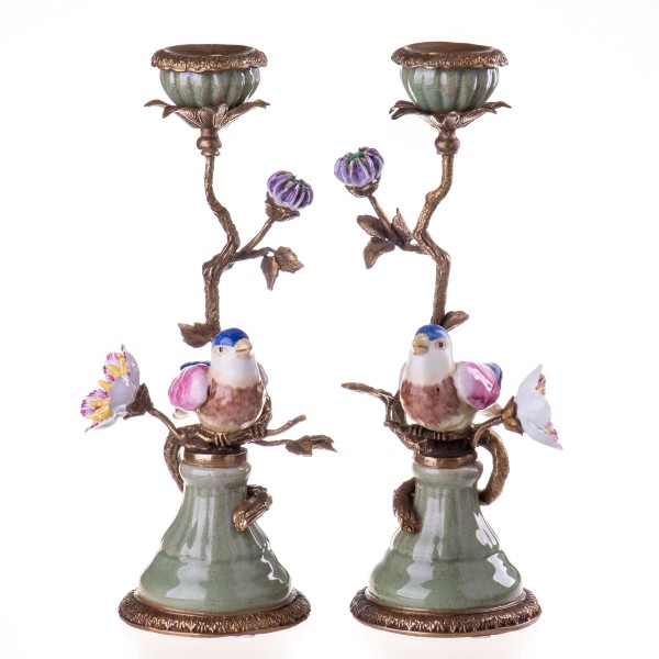Porzellan mit Bronze Kerzenständer Vögel Set/2 HM5330