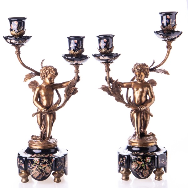Porzellan mit Bronze Kerzenständer mit Engel Set/2 HM5074