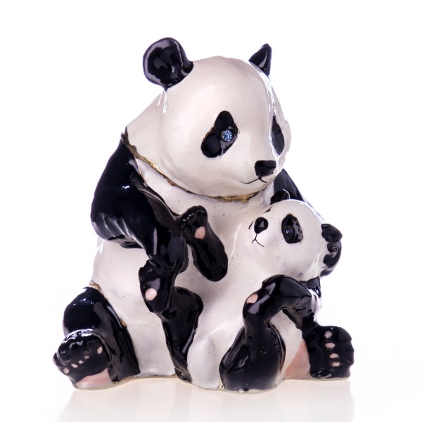 Pillendöschen aus emailliertem Hartzinn und Schmucksteinen in Form eines Pandabären mit Bärenjungen BP1480K1