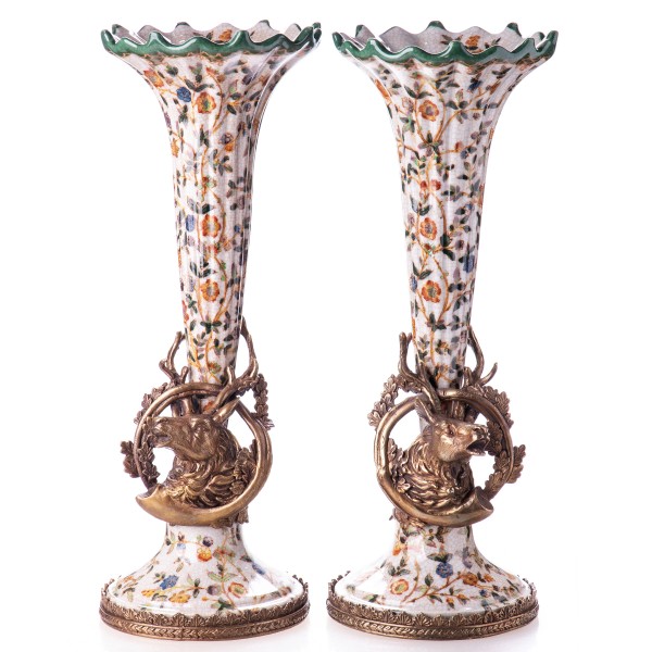 Porzellan mit Bronze Kerzenständer / Vasen mit Hirschen Set/2 HM6084