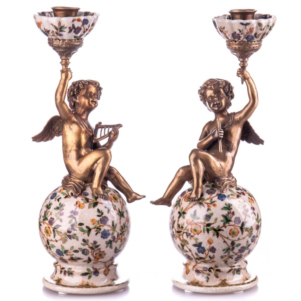 Porzellan mit Bronze Kerzenständer mit Engeln Set/2 HM5820