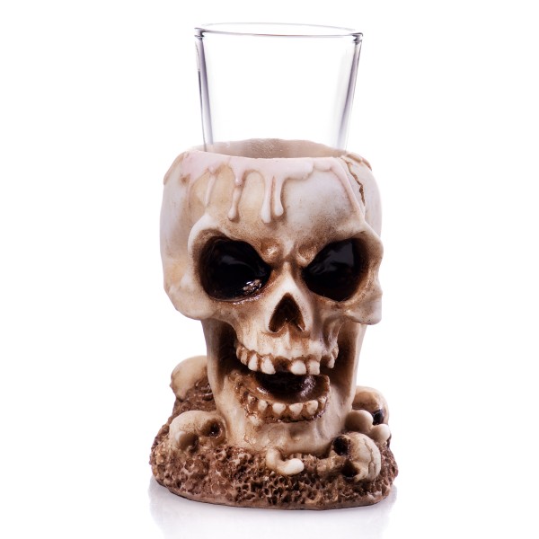 Totenkopf mit Teelicht / Schnapsglas handbemalte Polyresinfigur TP174