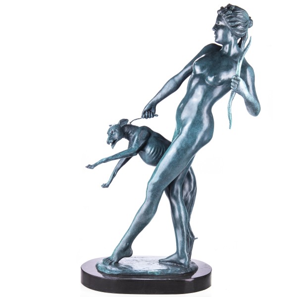 Grün Patinierte Art Deco Bronzefigur "Diana" Göttin der Jagd mit Hund und Bogen nach E.McCartan YB556