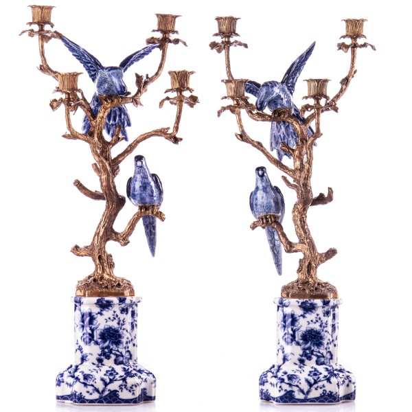 Porzellan mit Bronze Kerzenständer mit Vögeln Set/2 HM6040