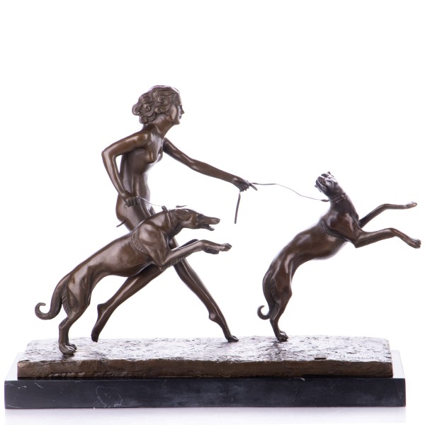 Art Deco Bronzefigur Weiblicher Akt mit Windhunden "Spring Frolic" nach M.Bouraine BT152