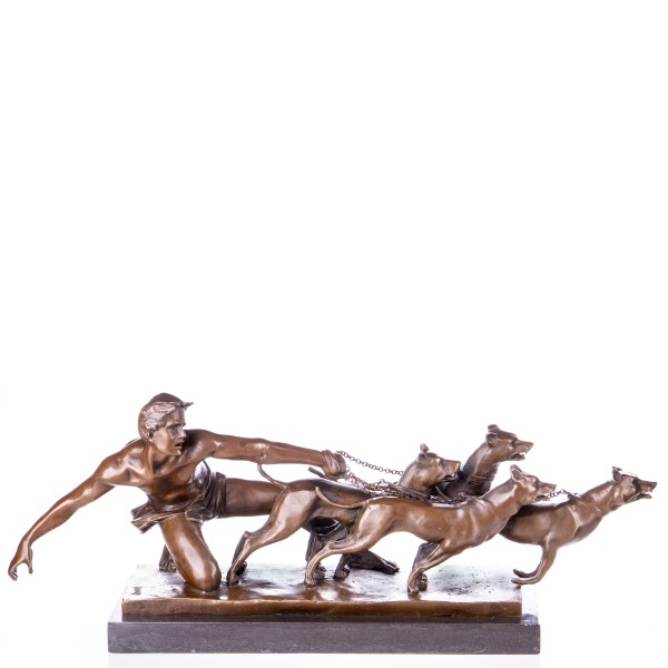 Art Deco Bronzefigur Mann mit Hunden "The Release" nach Kelety YB500