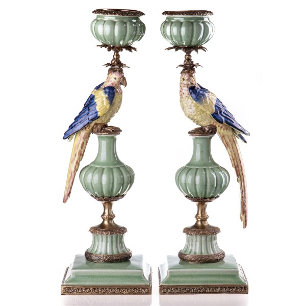Porzellan mit Bronze Papageien Kerzenleuchter Set/2 HM5079