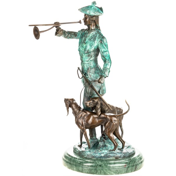Grün Patinierte Bronzefigur Jäger mit Jagdhorn und Jagdhunden nach A.Moreau YB1013