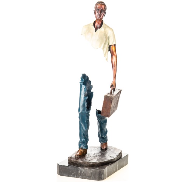 Farbige Bronzefigur Mann mit Koffer Modern YB852