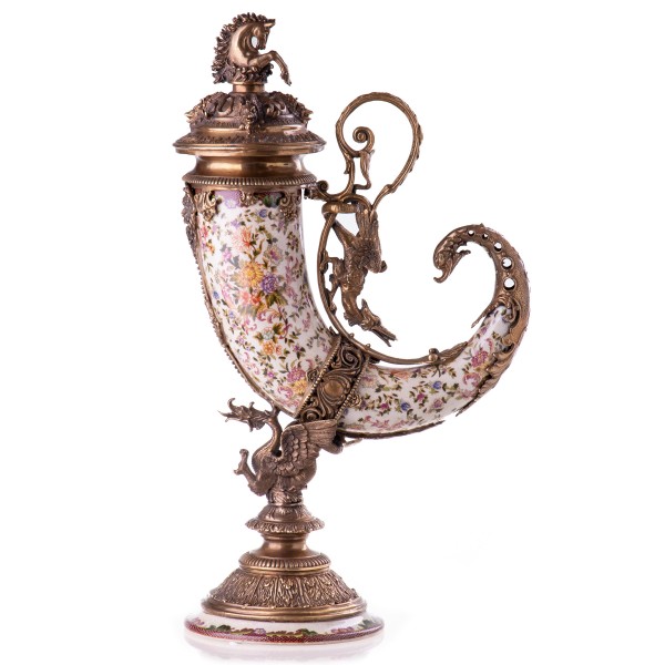 Porzellan mit Bronze Deckelvase Hornvase mit Pferd HM5753