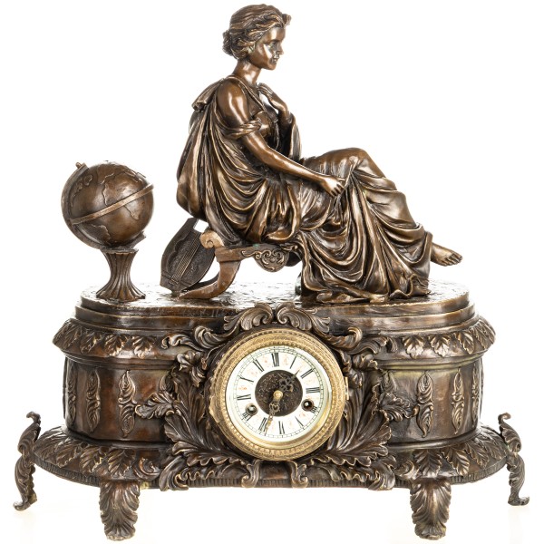 Bronzefigur Frau mit Uhr mit meschanischem Uhrwerk YB1017