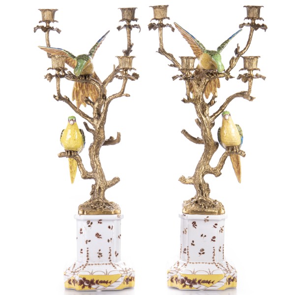 Porzellan mit Bronze Kerzenständer mit Vögeln Set/2 HM6171