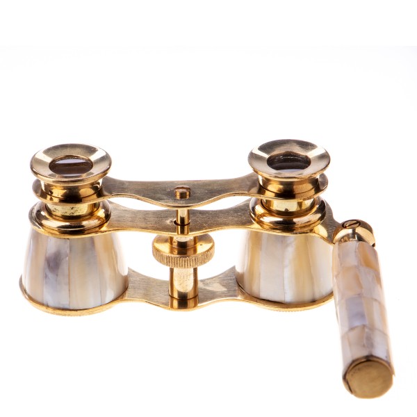 Messing Opernglas mit Perlmut in Holzbox N105