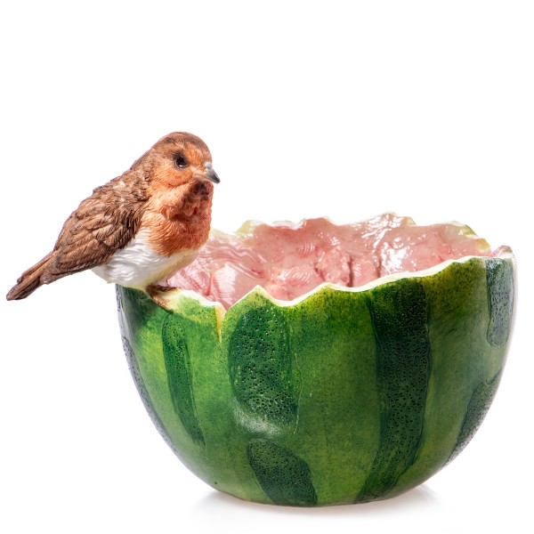 Schale Vogel auf Wassermelone handbemalte Polyresinfigur TP127