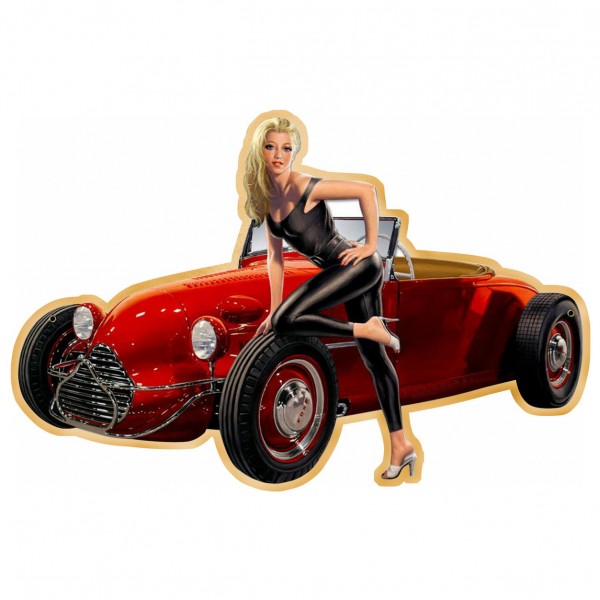 Geprägtes Blechschild Pin Up mit Sportwagen MP135