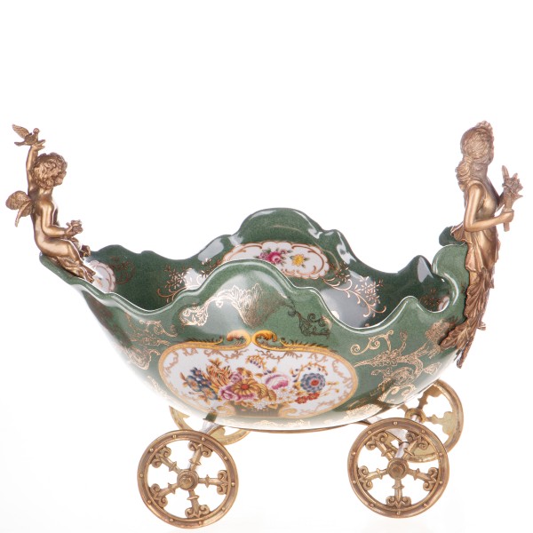 Porzellan mit Bronze Schale Kutsche mit Frau und Engel HM6322