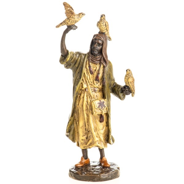Farbige Bronzefigur Wiener Art Mann mit Vögeln BT976
