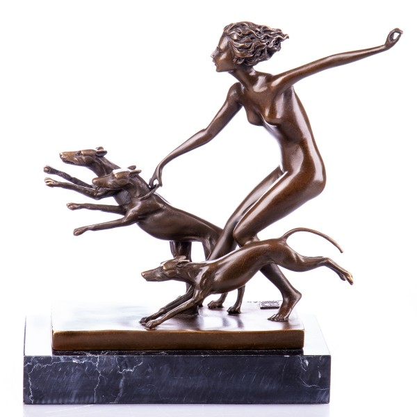 Art Deco Bronzefigur Weiblicher Akt mit Hunden "Jägerin" BT382
