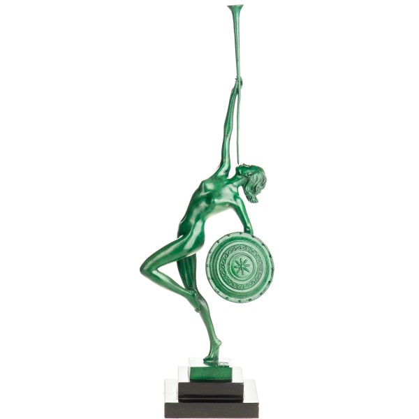 Grün patinierte Art Deco Bronzefigur Frau mit Schild und Trompete "Jericho" nach Pierre Le Fagays signiert Guerbe BT994
